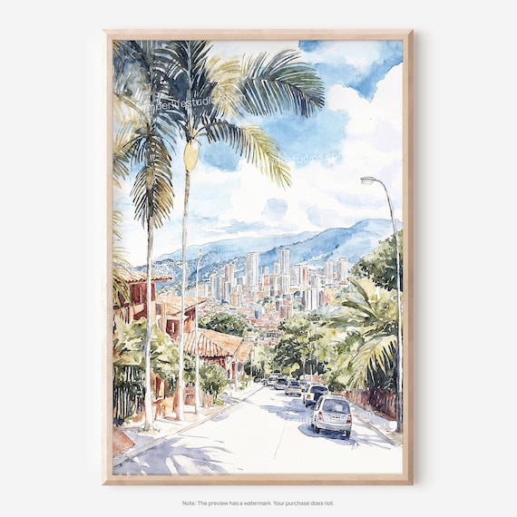 Medelln Wall Art Watercolor Cityscape For Instant Home Decor