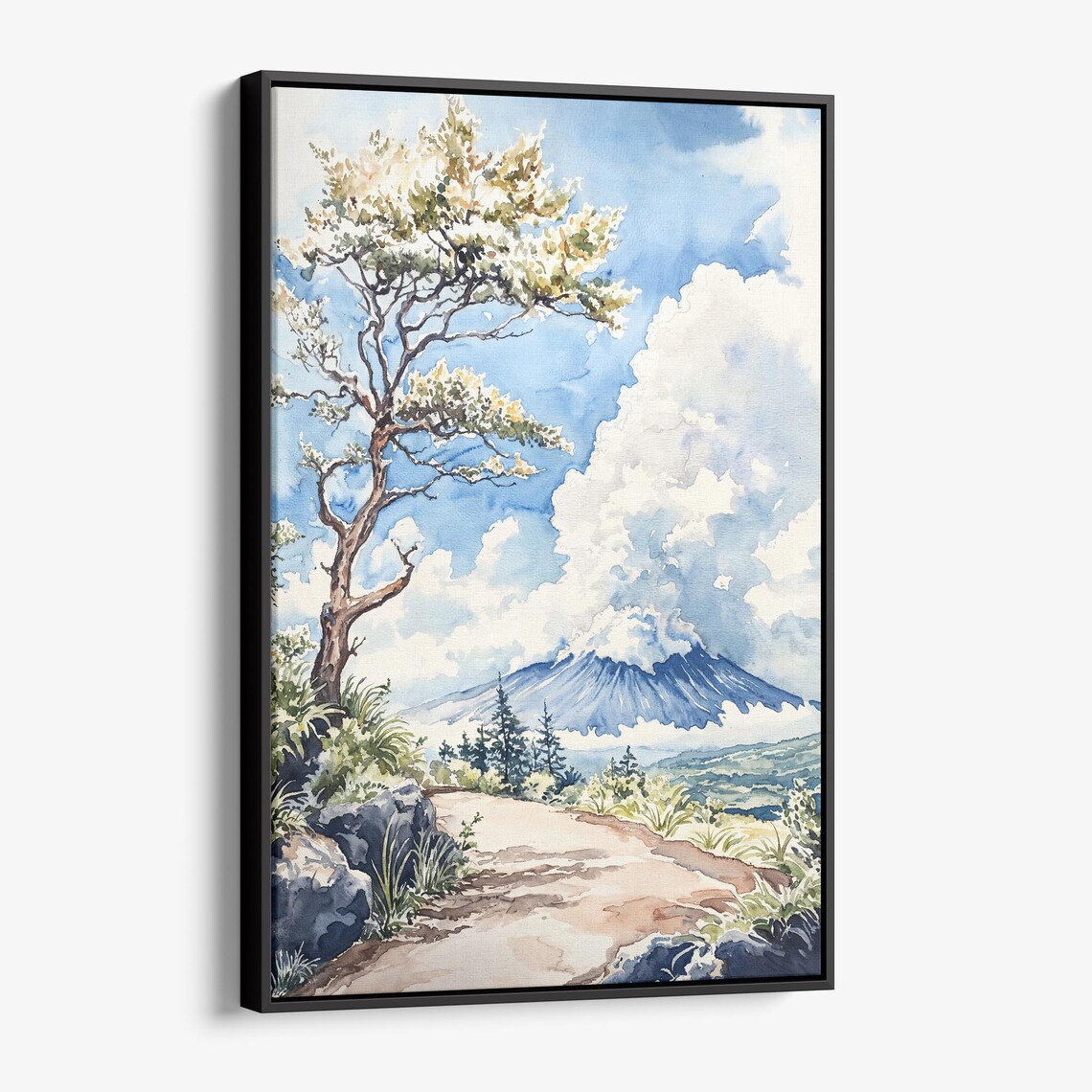 Snow Capped Volcano Watercolor Pine Tree Asian Style Mountain Landscape Poster