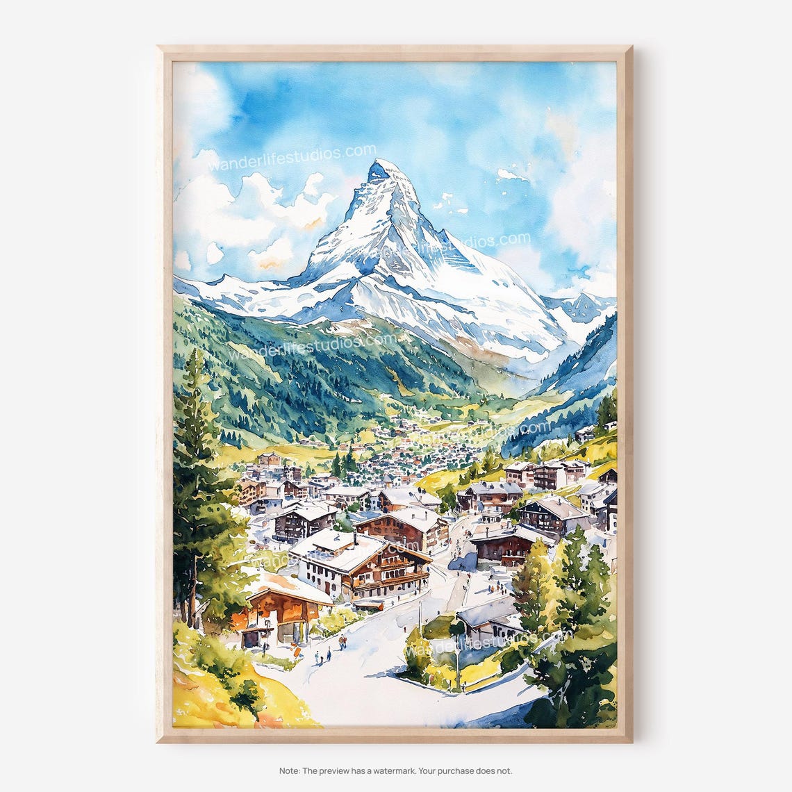 Matterhorn Zermatt Switzerland Alpine Village Watercolor Poster