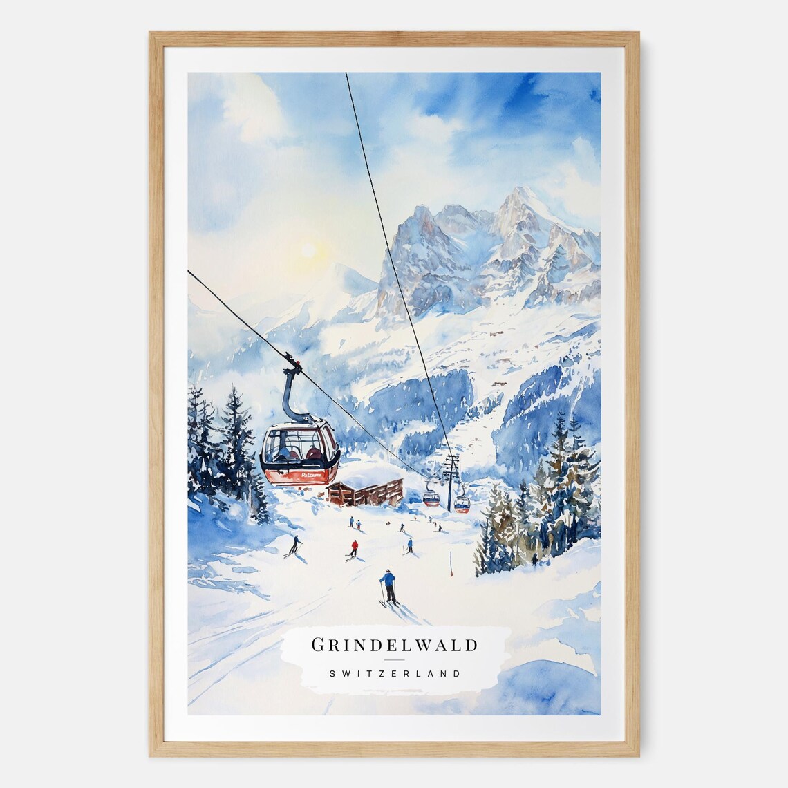 Grindelwald Skiing Art Print, Swiss Alps Watercolor