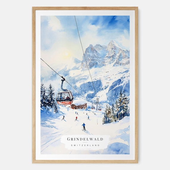 Grindelwald Skiing Art Print, Swiss Alps Watercolor