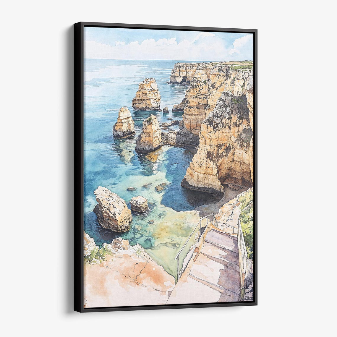 Dramatic Sea Cliffs Sea Stacks Staircase Coastal Watercolor Poster