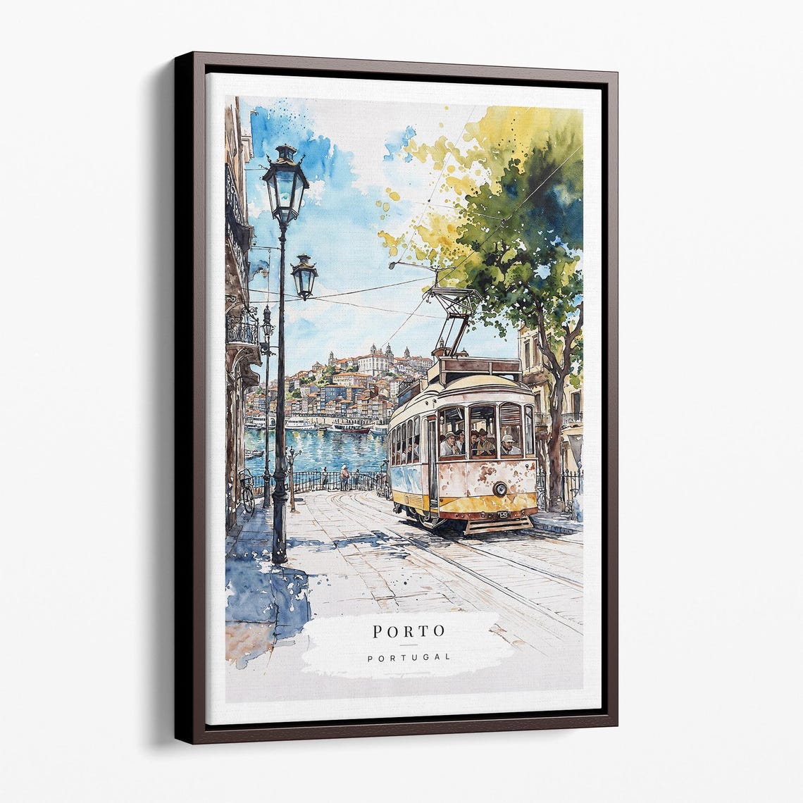 Porto Portugal Historic Tram Riverside Watercolor Travel Art Poster