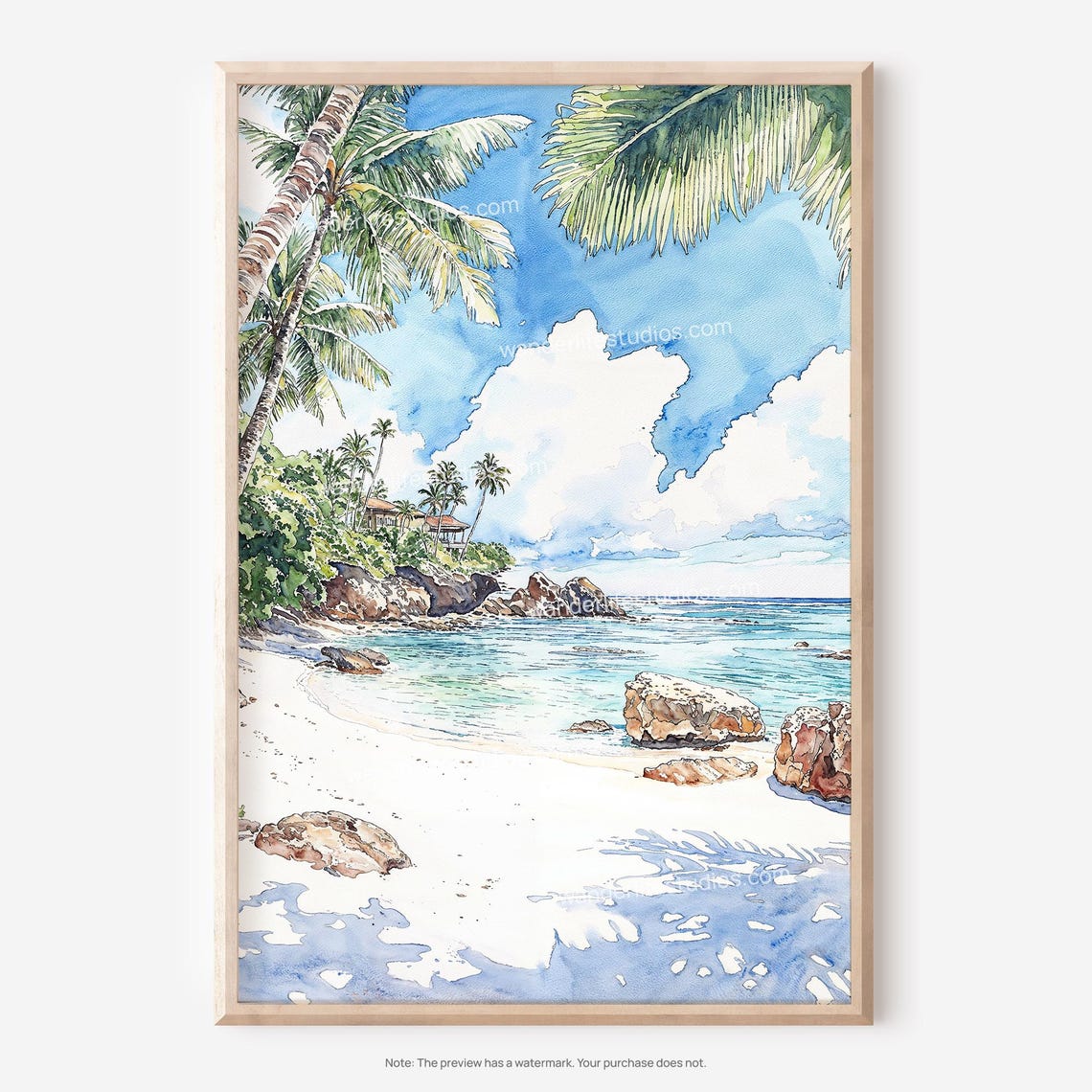 Hawaii Paradise Beach Palm Trees Ocean Cove Watercolor Travel Poster