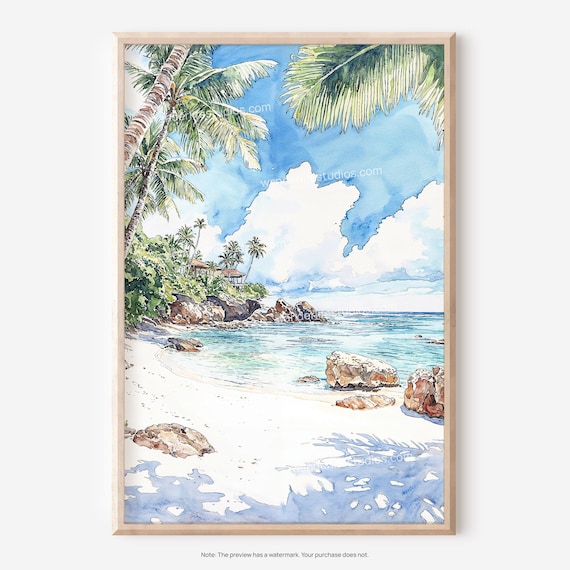 Hawaii Paradise Beach Palm Trees Ocean Cove Watercolor Travel Poster