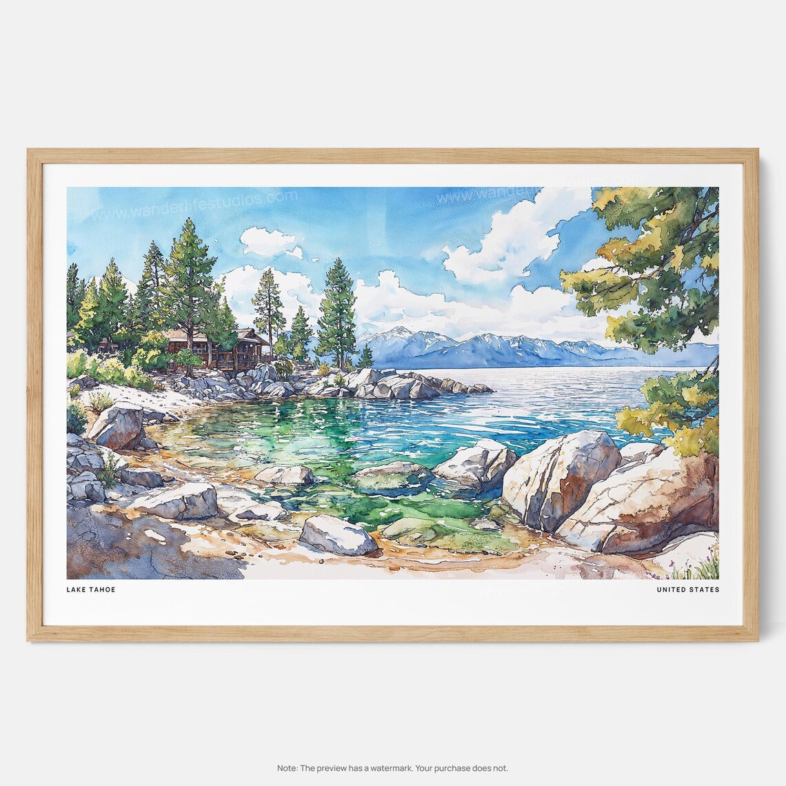 Lake Tahoe Watercolor Painting Rocky Shore Turquoise Lake Poster