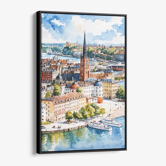 Stockholm Skyline Canvas Print Watercolor Cityscape Wall Art