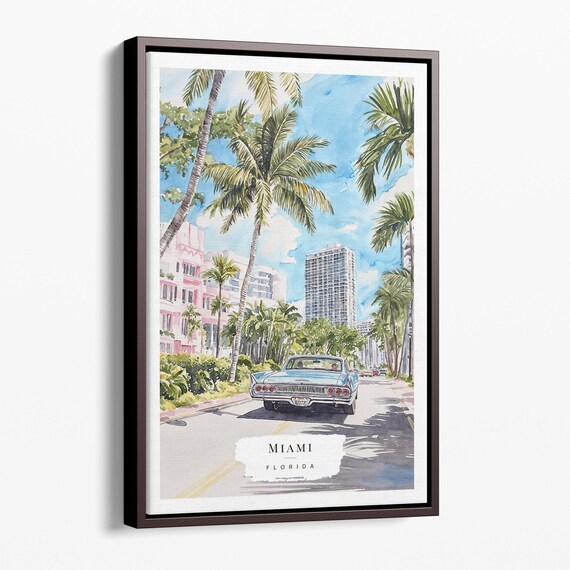 Miami Florida Retro Car Palm Trees Street Watercolor Travel Poster Art