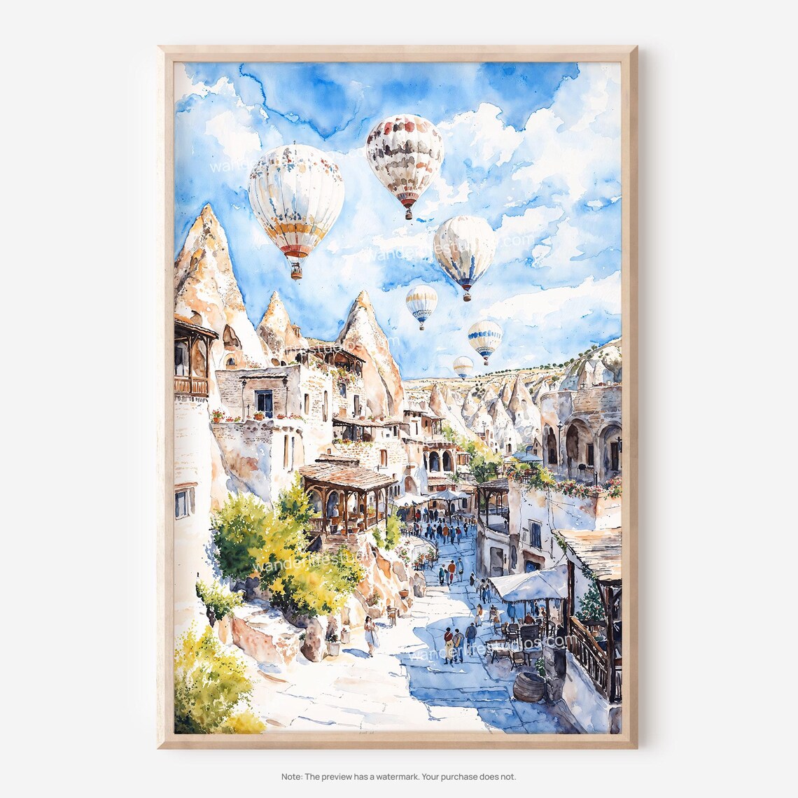 Cappadocia Turkey Hot Air Balloons over Cave Town Watercolor Poster