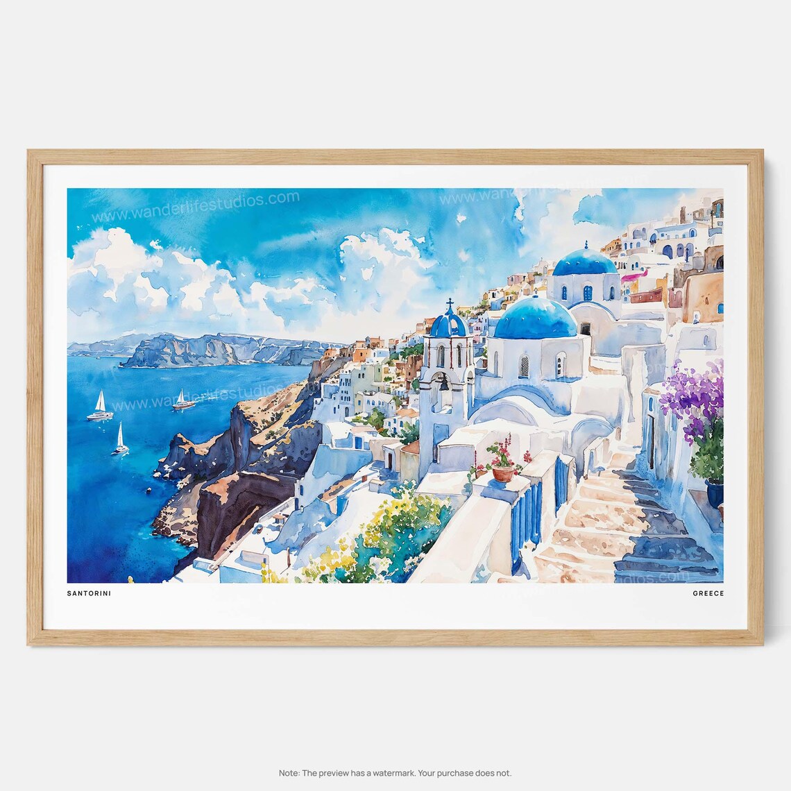 Santorini Blue Dome Church Watercolor Art Print