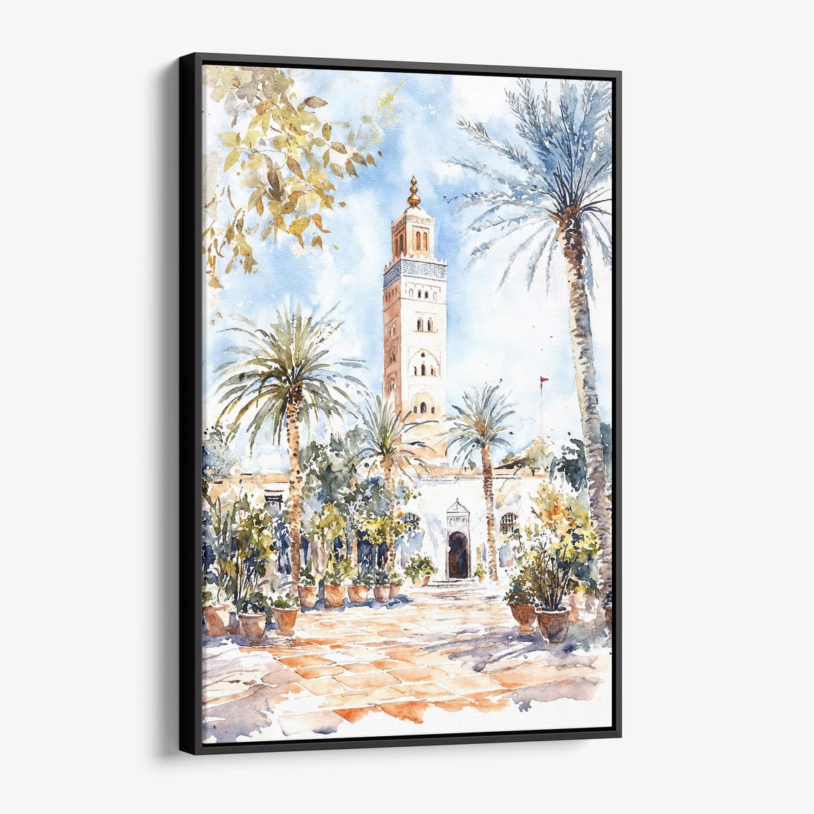 Marrakesh Moroccan Mosque Minaret Palm Courtyard Watercolor Poster