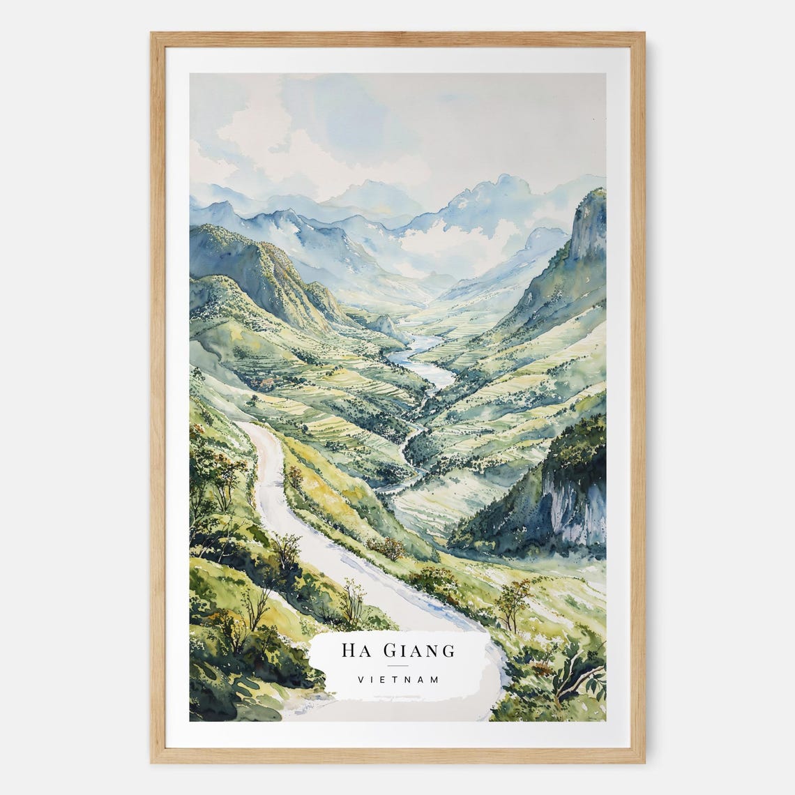 Ha Giang Vietnam Terraced Mountain Valley Watercolor Travel Poster