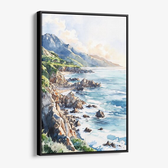 Rocky Ocean Coastline Waves Watercolor Seascape Landscape Poster