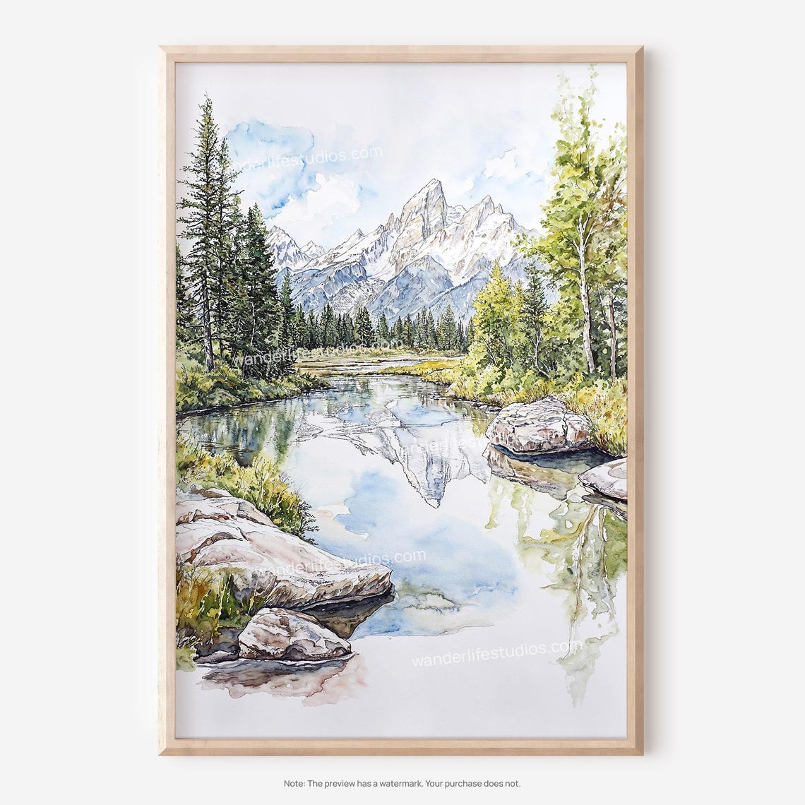 Grand Teton Mountains Lake Reflection Watercolor Landscape Print