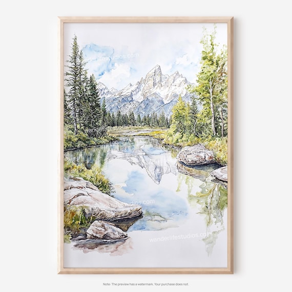 Grand Teton Mountains Lake Reflection Watercolor Landscape Print