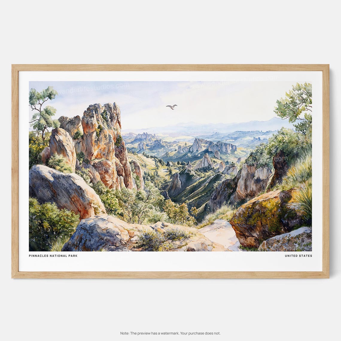 Pinnacles National Park Watercolor Rocky Spires Bird Canyon Poster