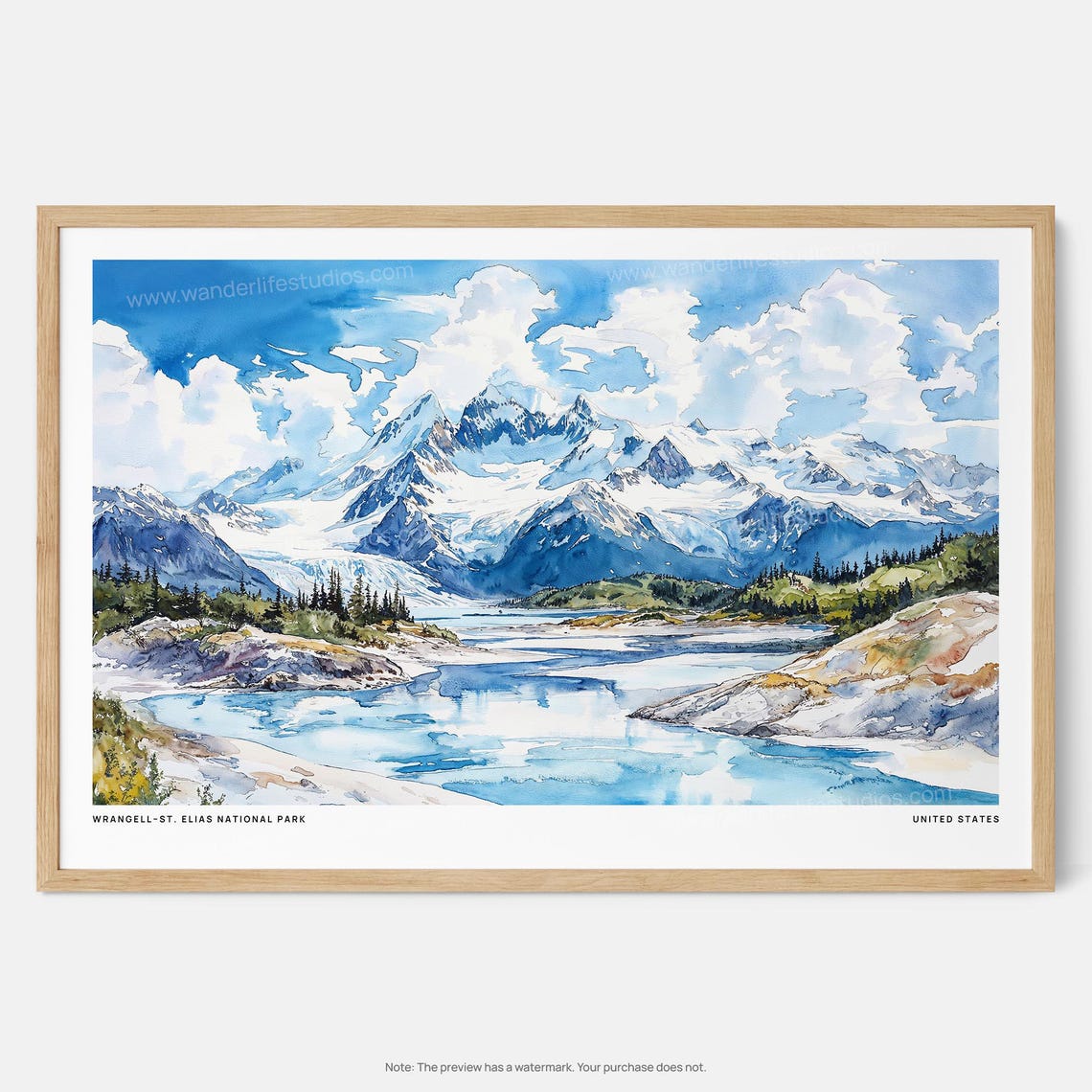 Wrangell St Elias National Park Watercolor Glacier Lake Poster