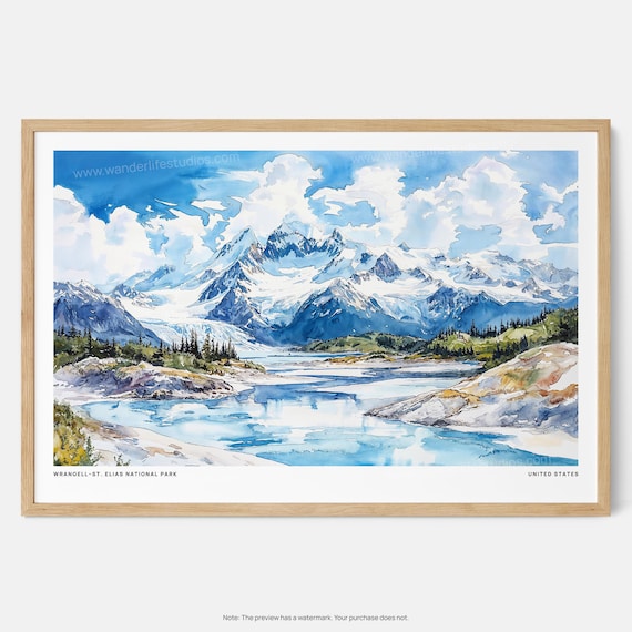 Wrangell St Elias National Park Watercolor Glacier Lake Poster