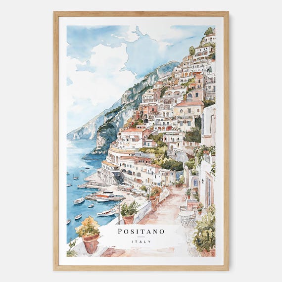 Positano Watercolor Art Print, Amalfi Coast Italy