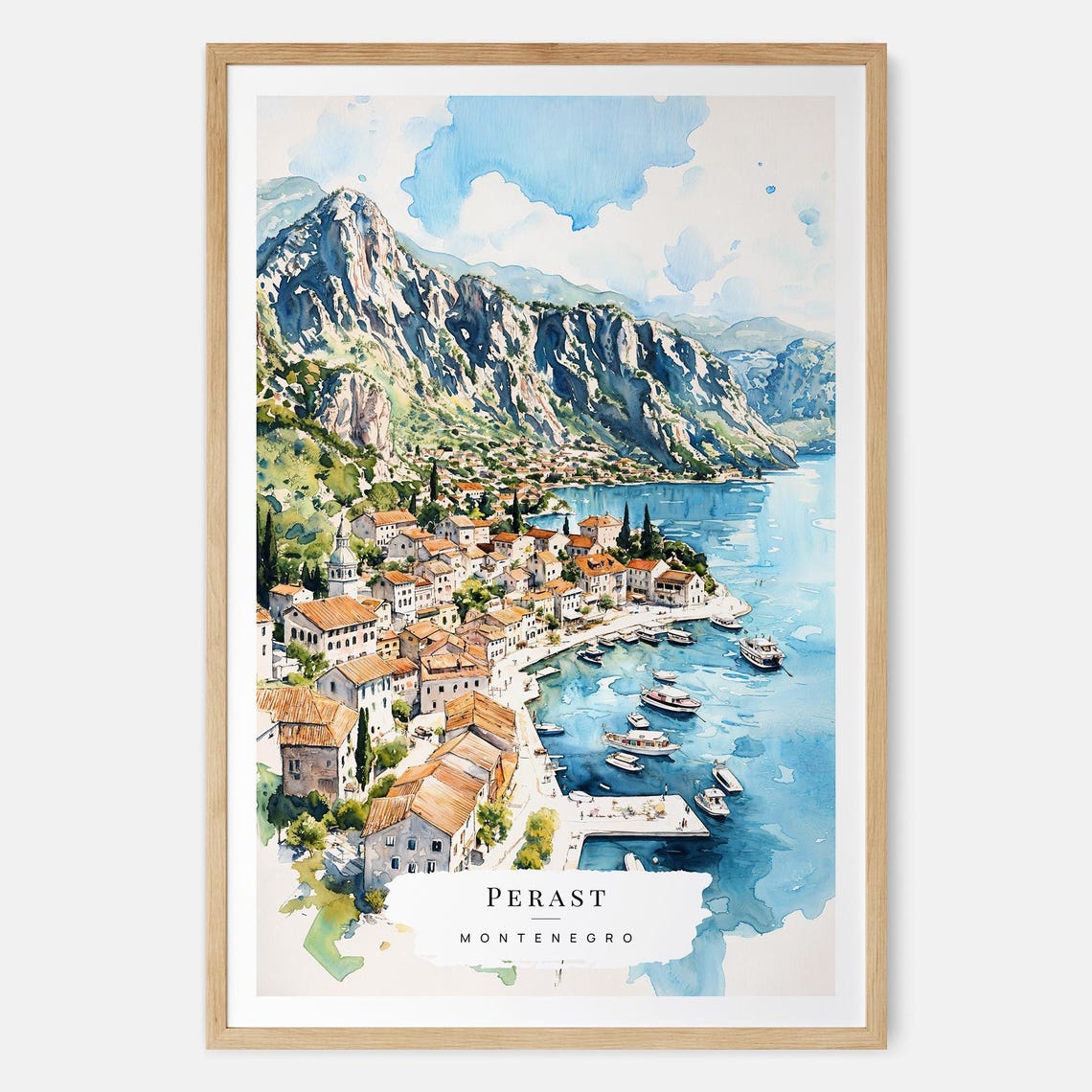 Perast Montenegro Adriatic Bay Old Town Watercolor Travel Poster