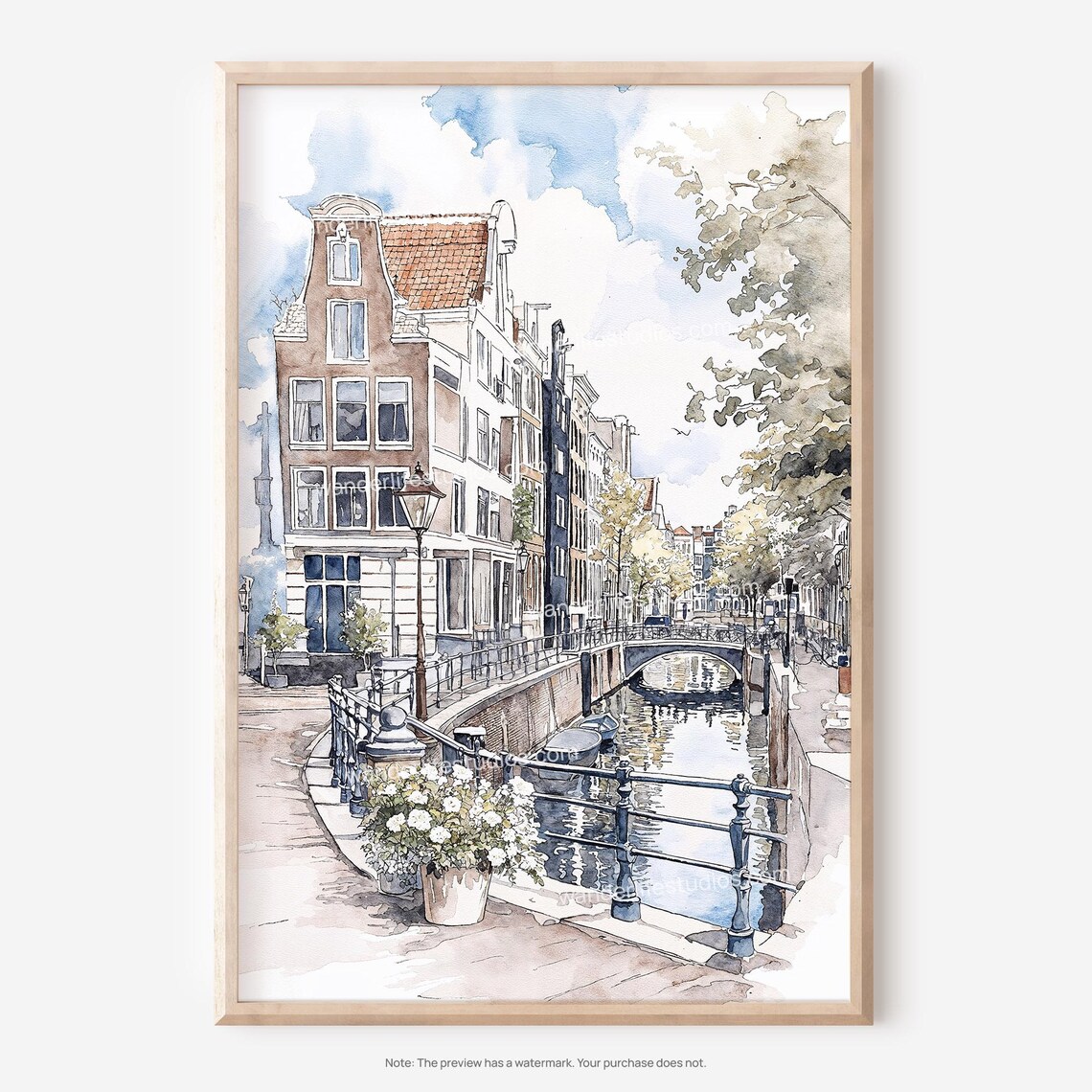Amsterdam Canal Houses Bridge Watercolor Cityscape Travel Poster