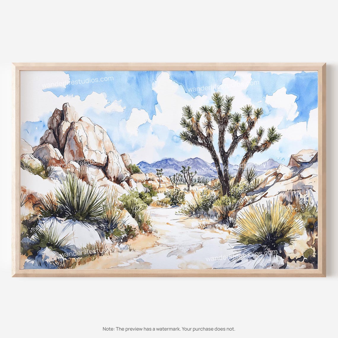 Joshua Tree Desert Rocks Yucca Watercolor Southwest Art Poster