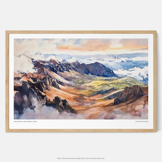 Haleakala National Park Watercolor Volcanic Crater Summit Poster