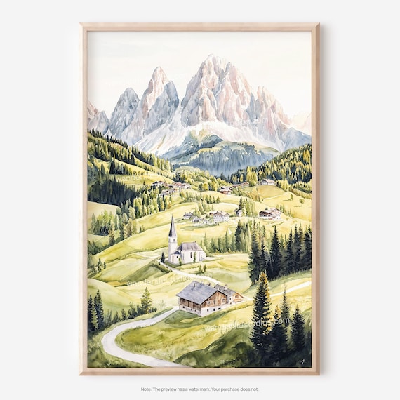 Dolomites Alpine Valley Church Watercolor Mountain Landscape Poster