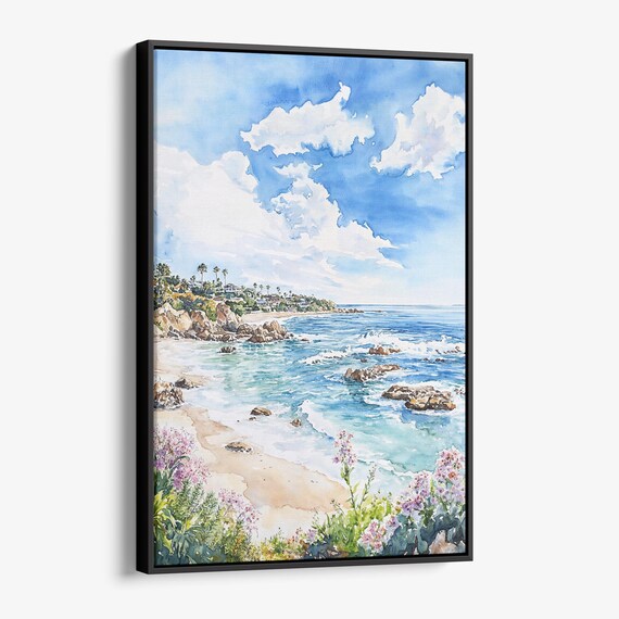 Sunny Coastal Beach Cove Wildflowers Bright Watercolor Poster