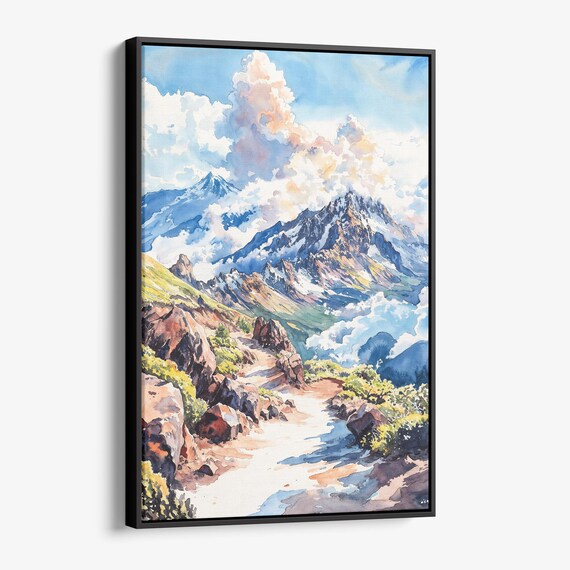 Scenic Alpine Rocky Mountain Trail to Snowy Peaks Watercolor Wall Art