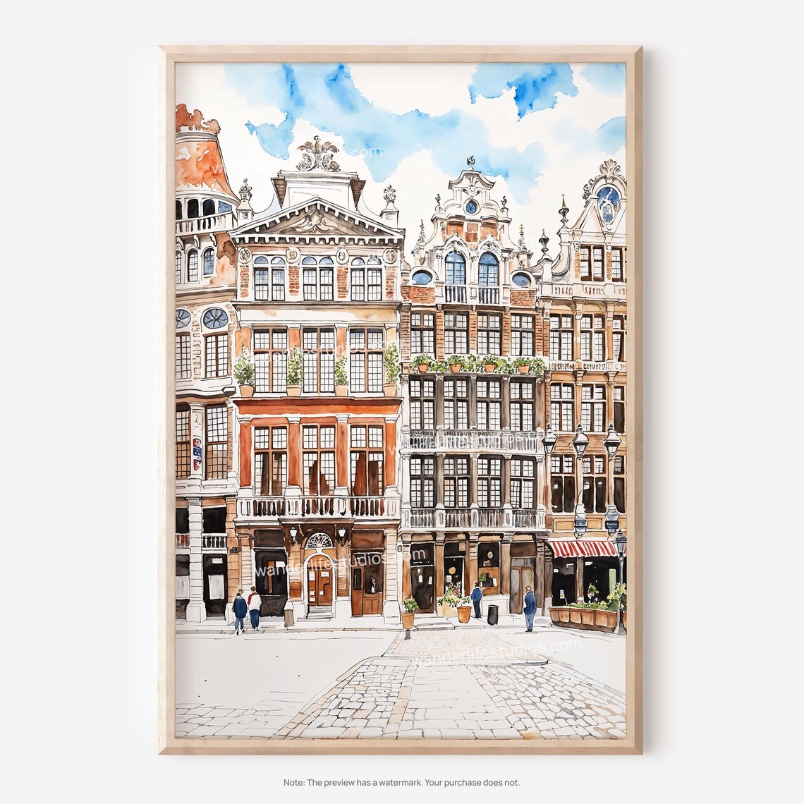 Brussels Grand Place Historic Buildings Watercolor Travel Poster