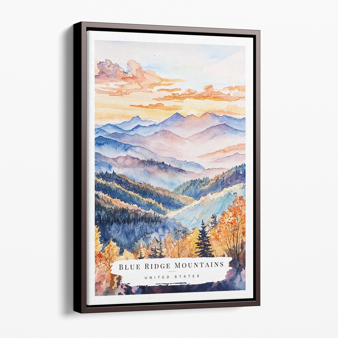 Blue Ridge Mountains Autumn Sunset Watercolor Scenic Travel Poster