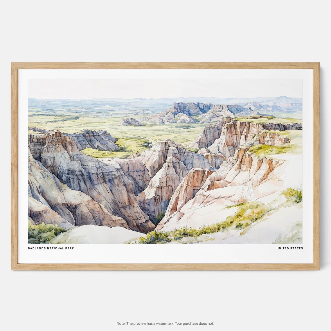 Badlands National Park Watercolor Eroded Buttes Travel Poster