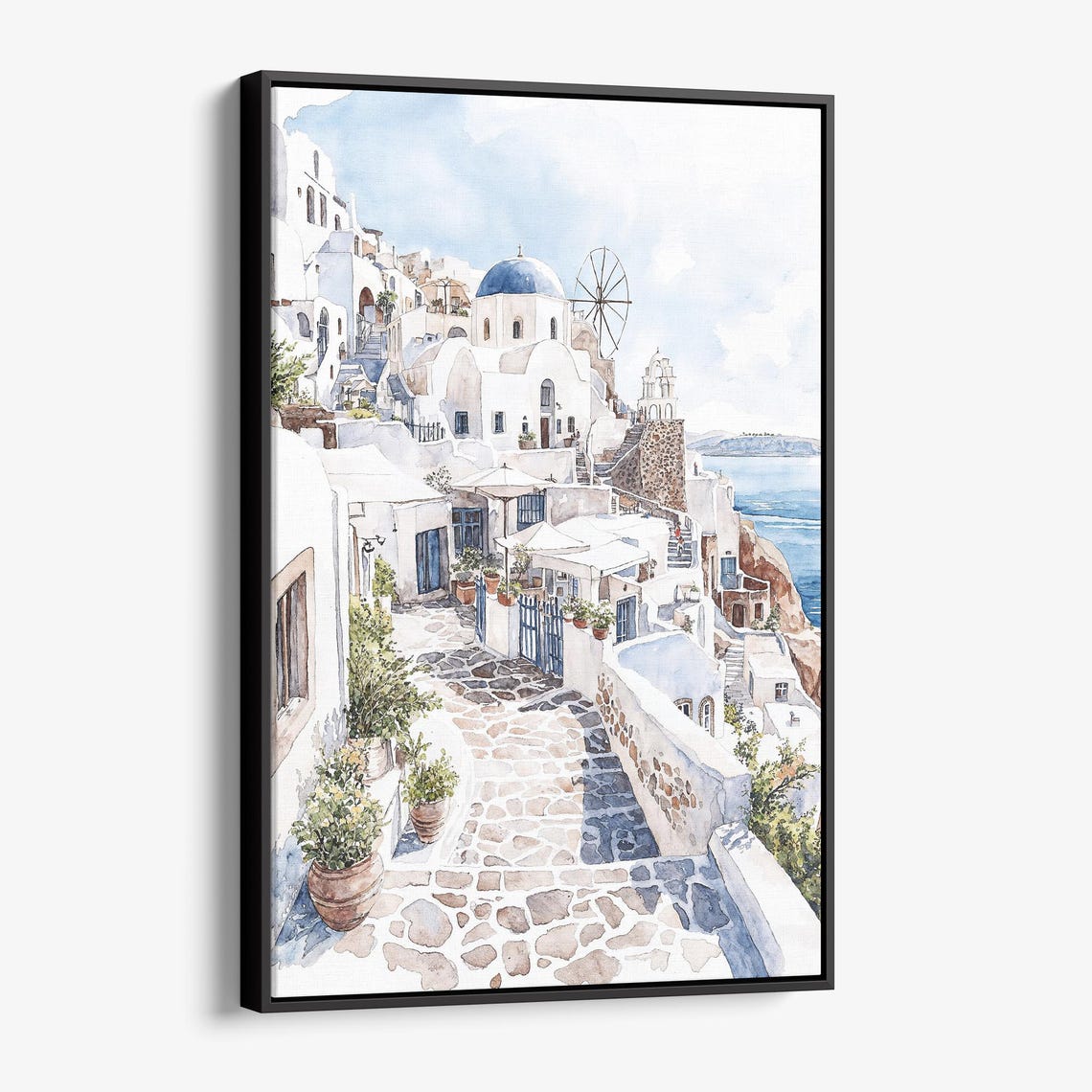 Santorini Watercolor White Village Blue Dome Windmill Sea View Poster