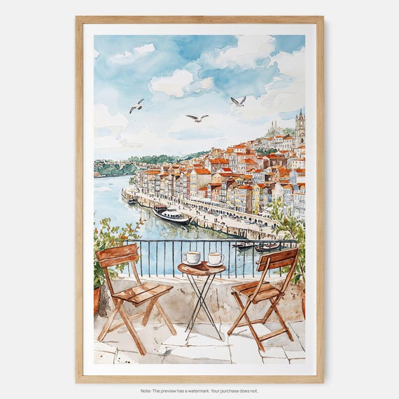 Morning Coffee In Porto Art Print Captivating Watercolor Riverside Scene