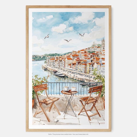 Porto Portugal Riverside Morning Coffee Watercolor Cafe Poster