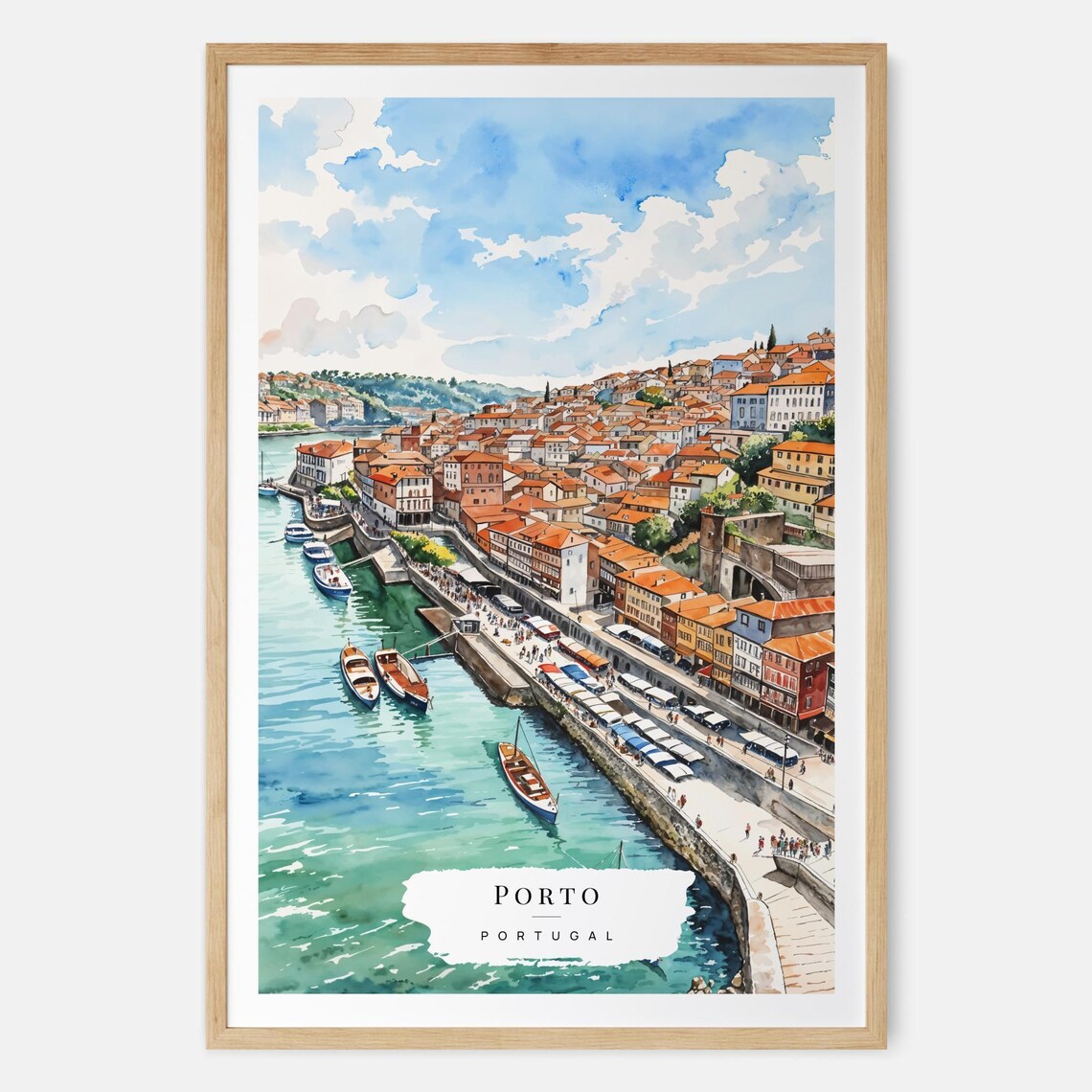 Porto Portugal City Douro Riverside Watercolor Travel Poster