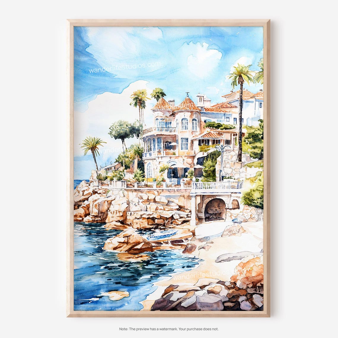 Cascais Portugal Coastal Villa Rocky Beach Watercolor Poster