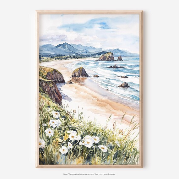 Pacific Coast Beach with Sea Stacks and Wildflowers Watercolor Poster