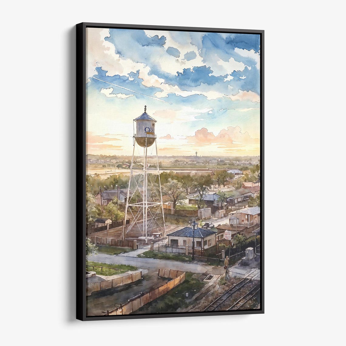 Celina Texas Water Tower Small Town Sunset Watercolor Wall Art