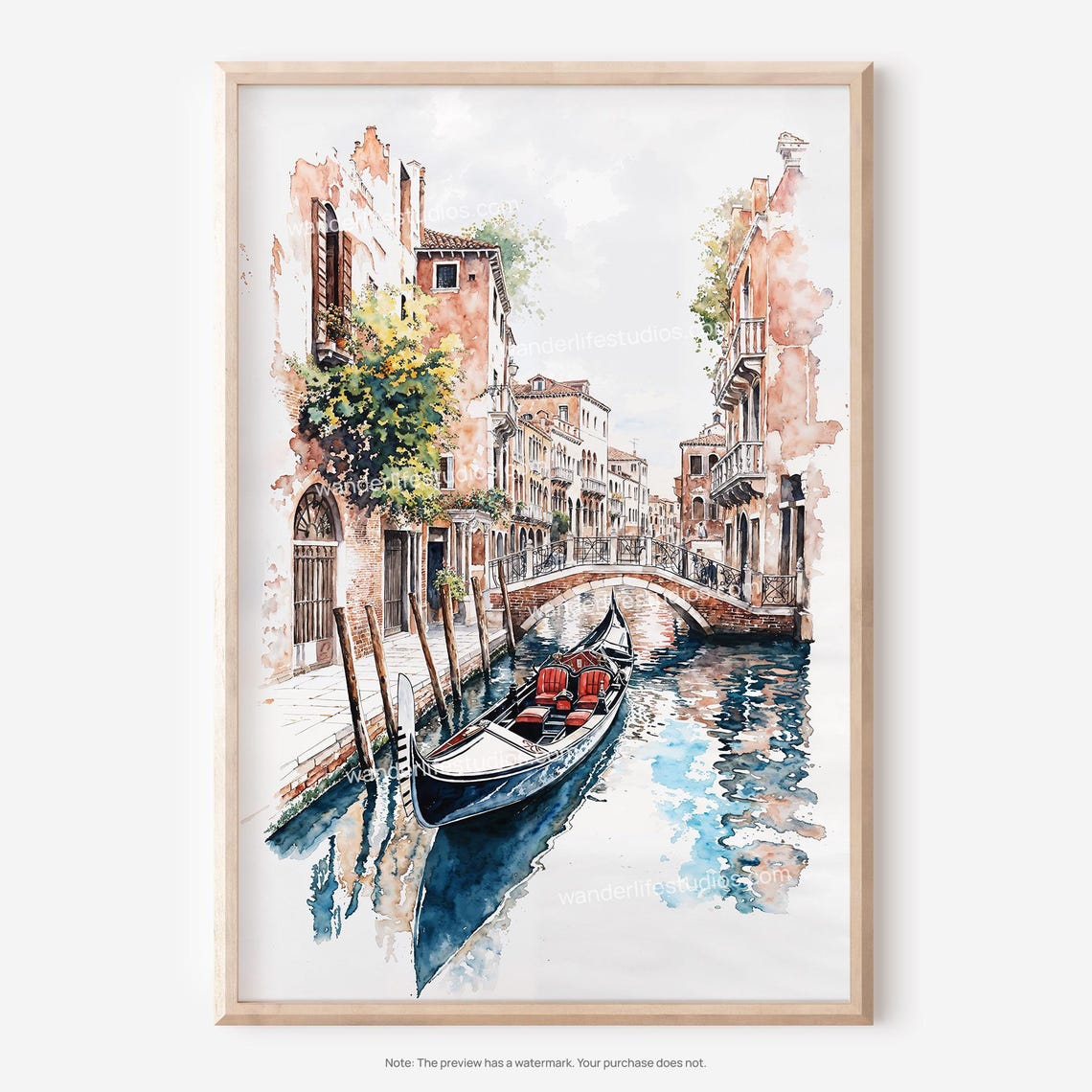 Venice Gondola on Quiet Canal Watercolor Romantic Italy Wall Art