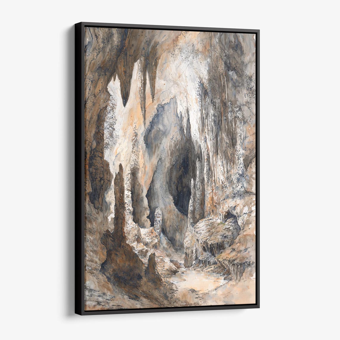 Underground Cave Stalactites Warm Watercolor Rock Formation Poster
