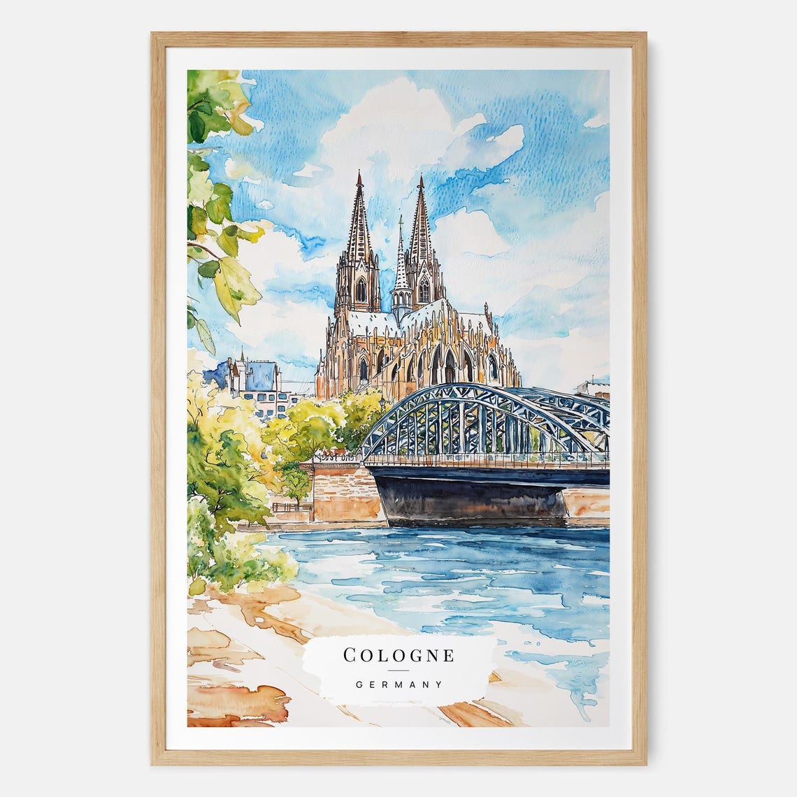 Cologne Cathedral Rhine River Bridge Watercolor Germany Poster