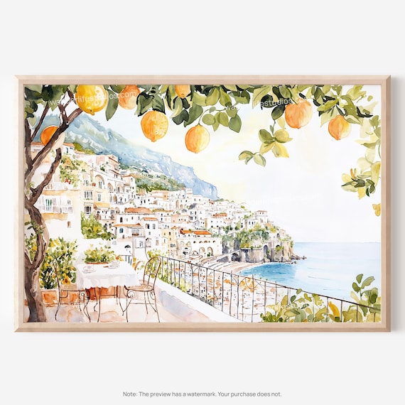 Amalfi Coast Watercolor Lemon Trees Overlooking Cliffside Town Poster