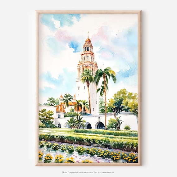 Balboa Park California Tower San Diego Watercolor Garden Poster