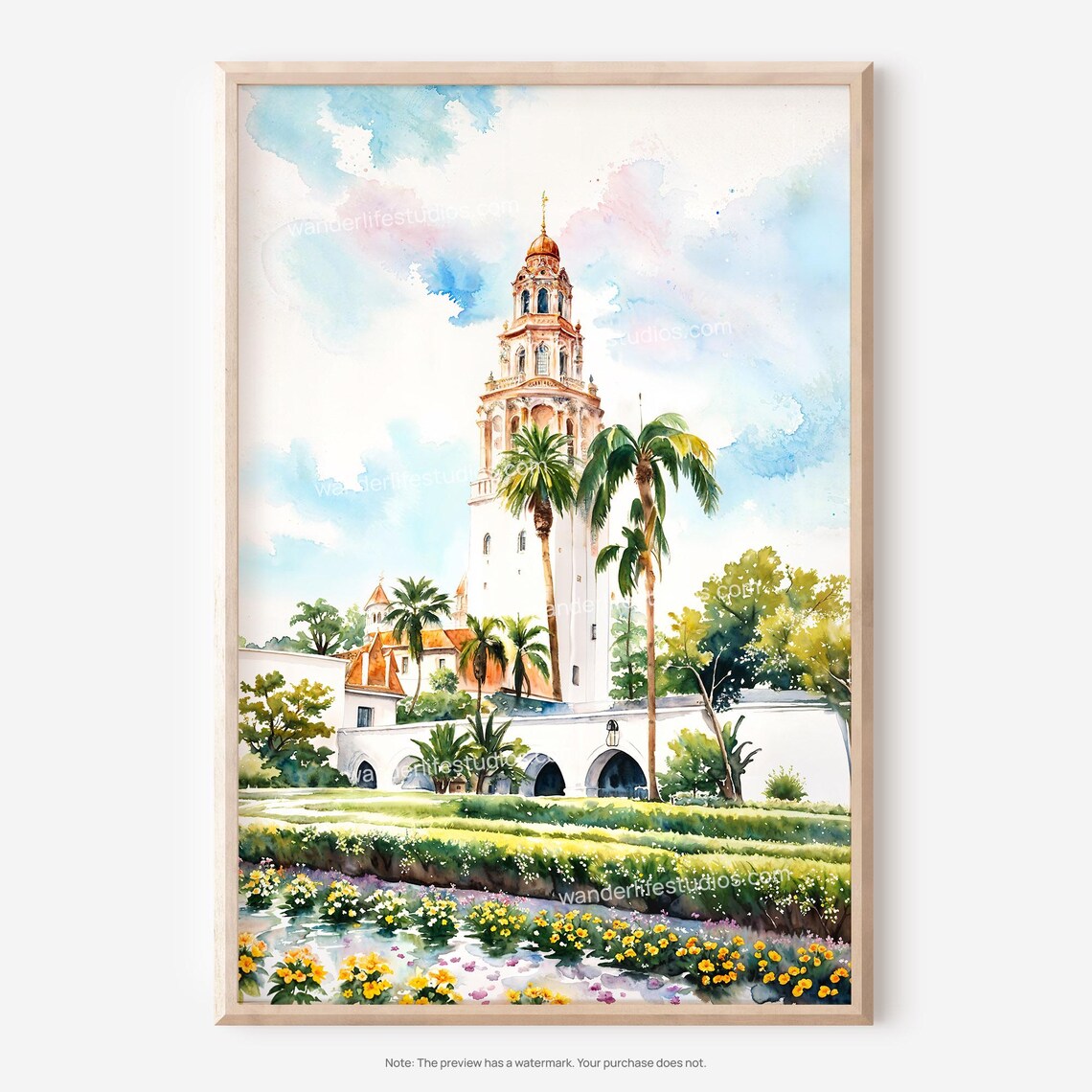 Balboa Park California Tower San Diego Watercolor Garden Poster