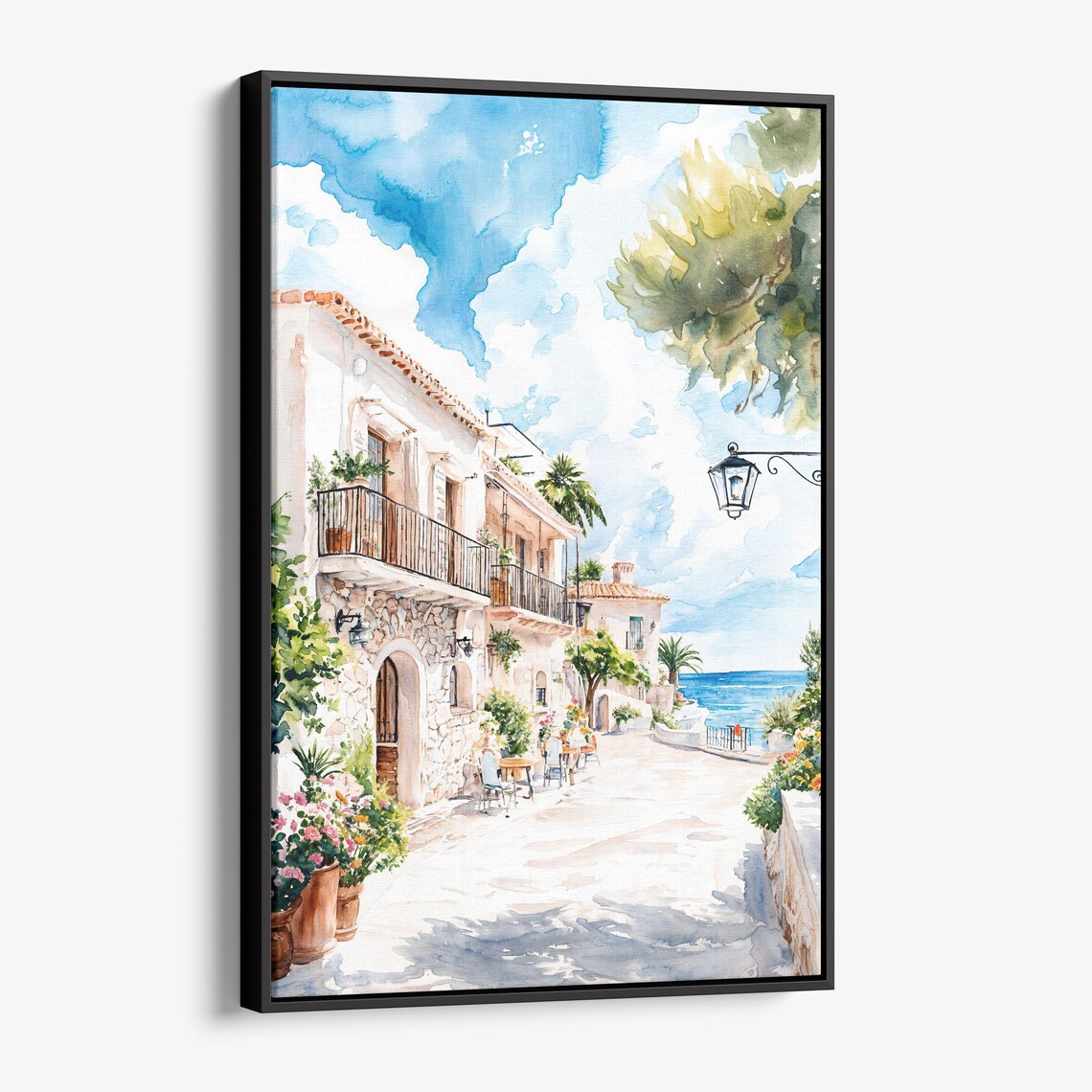 Sunlit Mediterranean Coastal Village Street Sea View Watercolor Poster