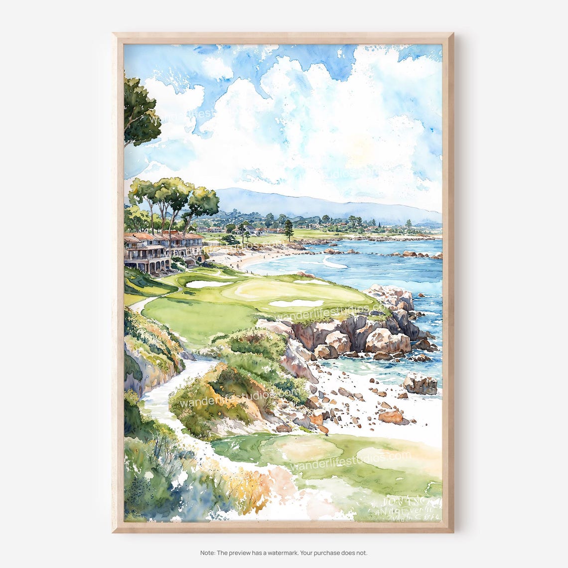 Pebble Beach Golf Links Oceanfront Fairway Watercolor Poster