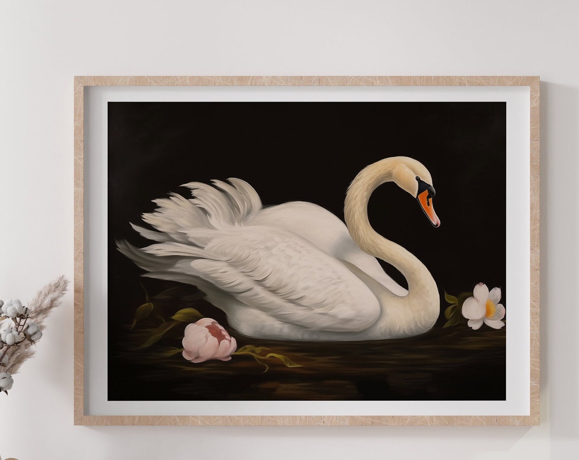 White Swan Dark Background Vintage Floral Elegant Oil Painting Poster - Image 2