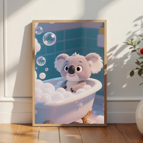 Adorable Baby Koala Enjoying a Warm Bubble Bath Nursery Room Poster